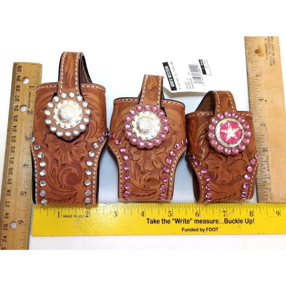 3 Vintage Cowboy Decor Leather & Rhinestones Western Flip Phone Case w/Belt Clip